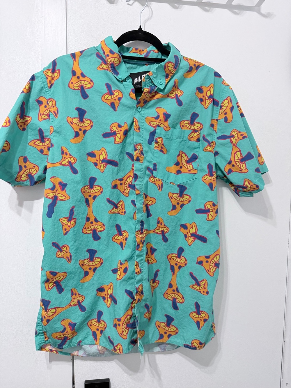 Men's Short-Sleeve Button-Down Shirt in Teal with Orange Print - ALPA
